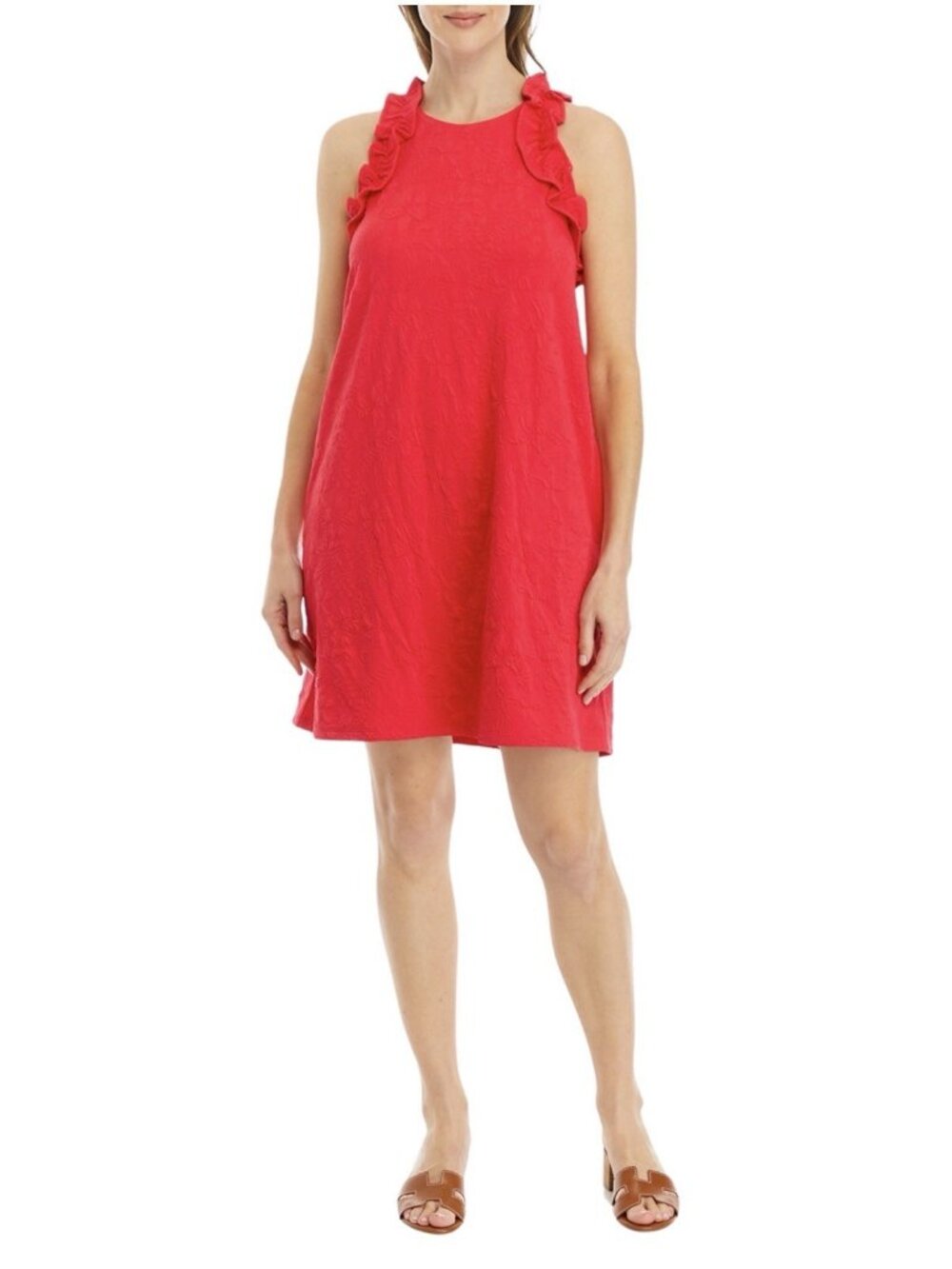 Crown And Ivy Coral Pink Ruffle Sleeveless Jacquard Dress Women Large Pockets